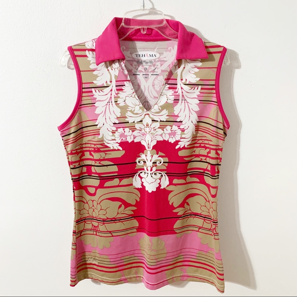 Tehama Multicolored Collared Sleeveless Golf Shirt Striped Pattern Ornate Design